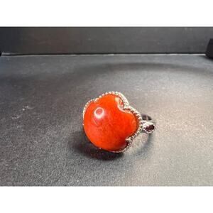NEW cherry red jade and ruby blossom ring in rhodium over sterling silver size 9
